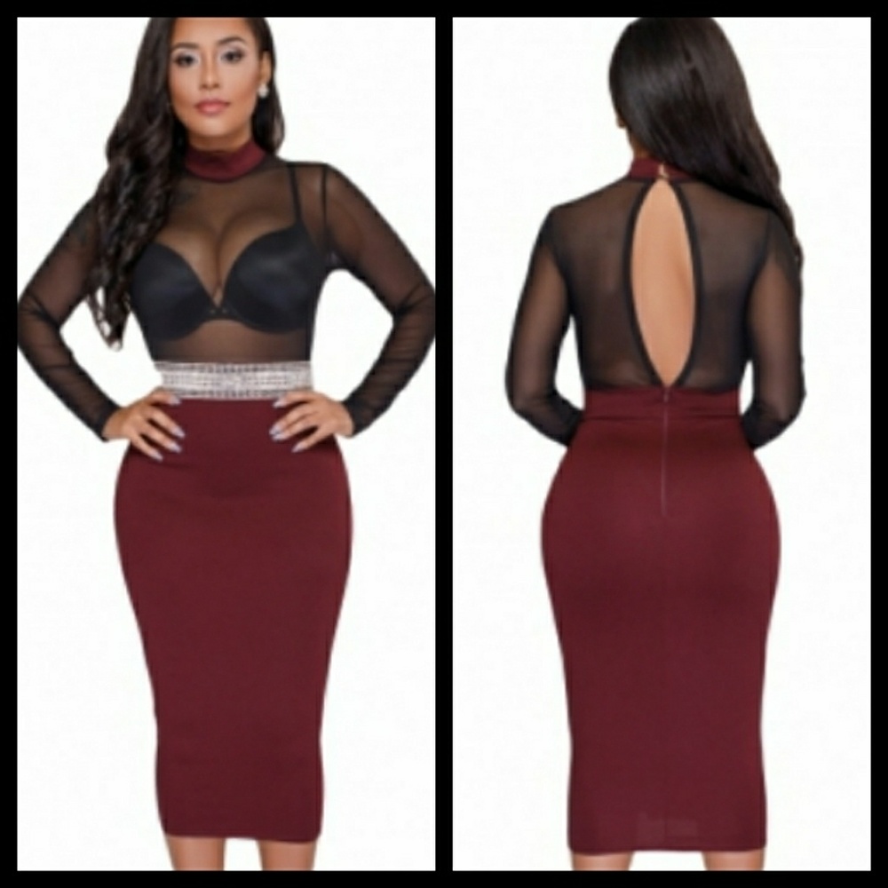 Black Mesh Top Waist Bodycon Midi Dress